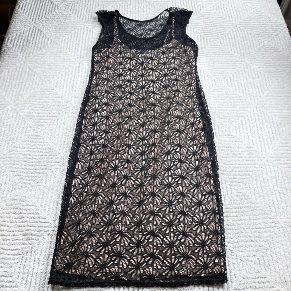 River Island Lace Shift Dress Women's UK 16 Black Nude Crochet Cocktail Party